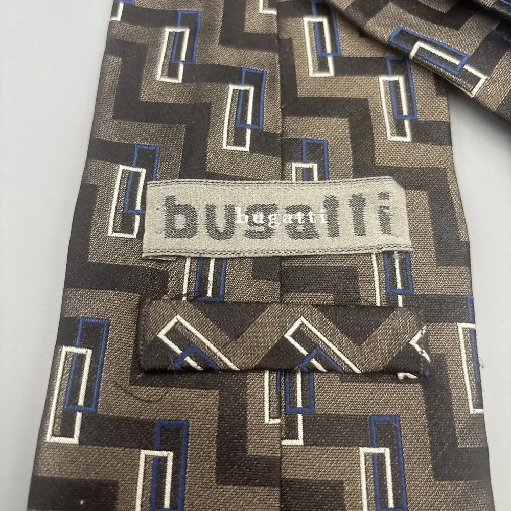 Bugatti Men's Vintage Silk Geometric Novelty Tie 100% Italian Silk 90s Design